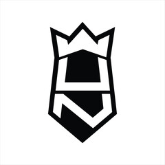 UN Letter Logo monogram hexagon shield shape up and down with crown isolated style design