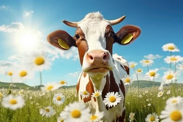Schilderijen op glas Cute cow in sunglasses on the meadow with daisies © Kien