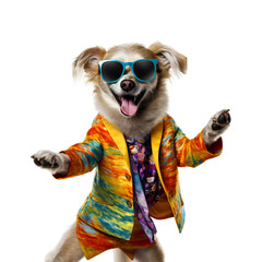 Vibrantly Attired Canine with Sunglasses Hits the Dance Floor, Anthropomorphic Animal Character, Isolated on Transparent Background, PNG