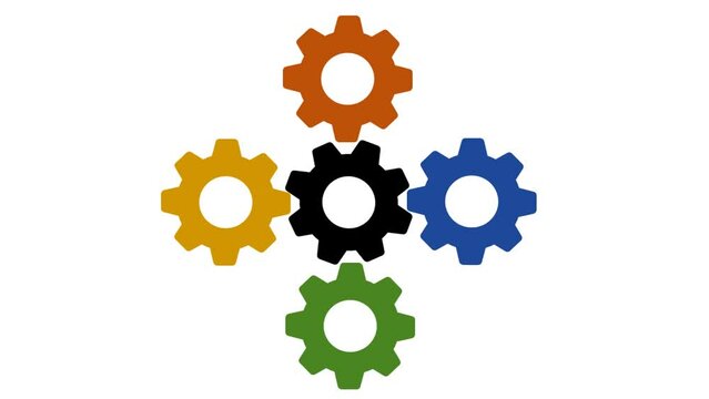 Coloured mechanical gear wheels rotation. Looping animation of coloured gears.
