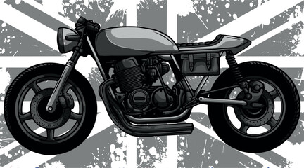 monochromatic illustration of British flag with motorcycle