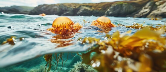 Jellyfish float in the clear sea with seaweed. - obrazy, fototapety, plakaty