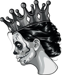 monochromatic illustration of mexican woman skull with crown