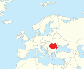 Fototapeta premium Red CMYK national map of ROMANIA inside simplified beige blank political map of European continent on blue background using Winkel Tripel projection