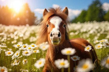 Cute horse on the meadow with daisies