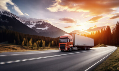 Freight Trail, Truck Hauls Cargo on Serene Rural Road, Delivering Goods to the Countryside.