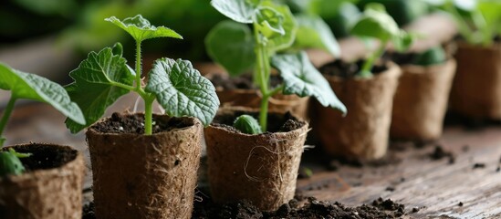Planting cucumber seeds in peat pots during spring.