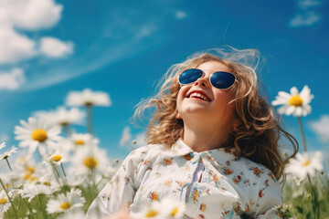 cute smiling girl in sunglasses on the meadow with daisies