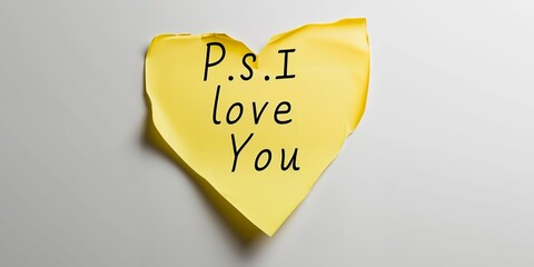 P.S. I Love You on a  heart-shaped yellow post-it - obrazy, fototapety, plakaty