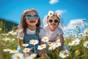cute smiling kids in sunglasses on the meadow with daisies