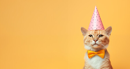 Birthday Cat Celebrating with a Party Hat and Bow Tie, isolated on a pastel yellow background. Stylish, party invitation design, fashionable and trendy style
