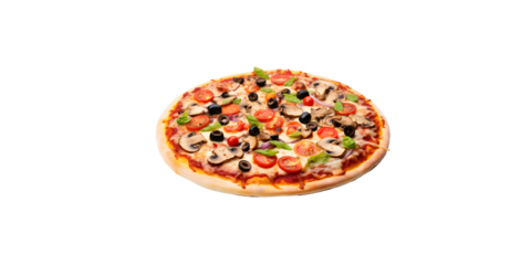 pizza with mushrooms, salami and pepperoni, tasty supreme pizza with no background clipart for graphic use