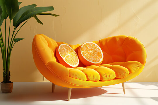 Modern orange counch in a minimalistic home design background mockup 