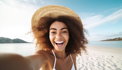 Happy beautiful young woman smiling at the beach side , Delightful girl taking selfie picture with smart mobile phone device outside , Healthy lifestyle with female enjoying sunny day