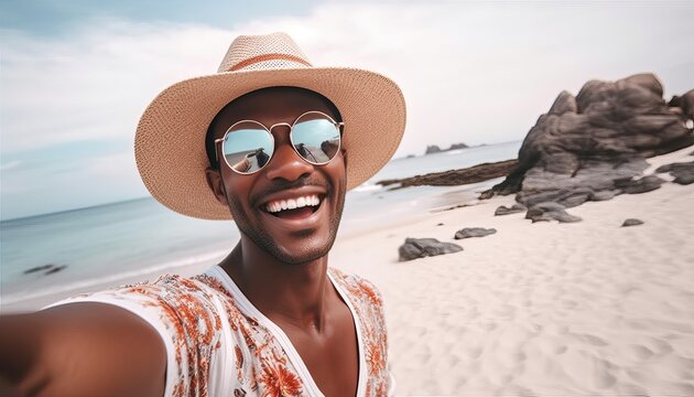 Handsome man wearing hat and sunglasses taking selfie picture on summer vacation day , Happy hiker with backpack smiling at camera outside , Tourist walking on the beach , Traveling and technology