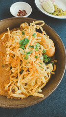 Egg Noodles with chicken it called Khao Soi Kai, recipe northern in Thailand.