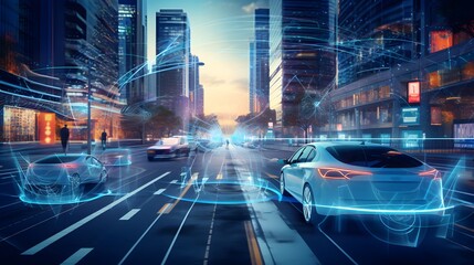 Visualization of the interaction of self-driving autonomous vehicles. Robotic cars are controlled by AI, driving along a busy city avenue, scanning the road with sensors, exchanging information. - obrazy, fototapety, plakaty