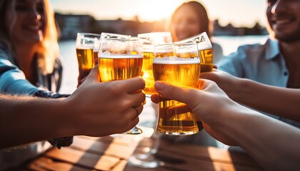 Group of people drinking beer at brewery pub restaurant , Happy friends enjoying happy hour sitting at bar table , Closeup image of brew glasses , Food and beverage lifestyle - obrazy, fototapety, plakaty
