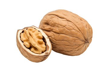 Top side closeup macro view of walnut, peeled and in shell, on a white isolated background PNG