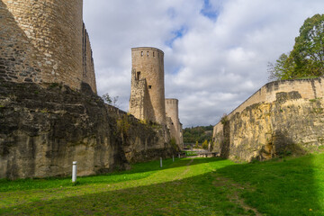 Fototapeta na wymiar View to walls and tower of the Rham plateau in the city Luxembourg
