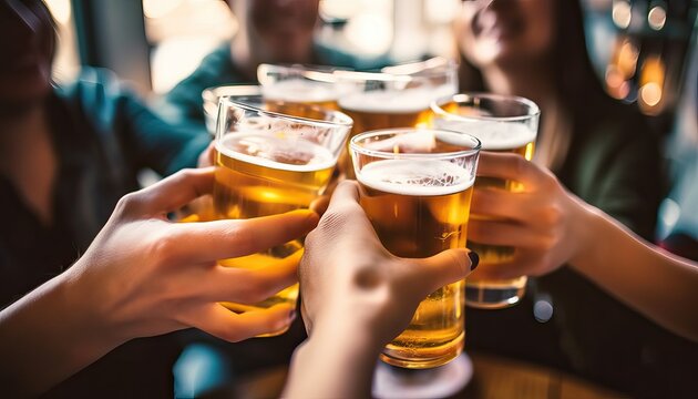 Group of people drinking beer at brewery pub restaurant , Happy friends enjoying happy hour sitting at bar table , Closeup image of brew glasses , Food and beverage lifestyle