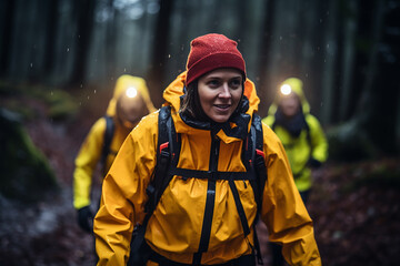 A woman and her friends hiking and trekking in the forest. He is wearing outdoor clothes and a headlamp.