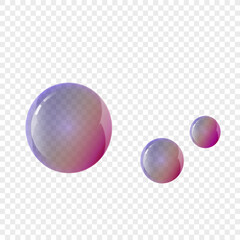 Transparent color water bubble. Soap bubble, crystal glass ball. Beauty product, moisture, skincare transparent bubbles top view, scatter splashes