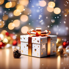 Bright gift box with holiday decorations and lights