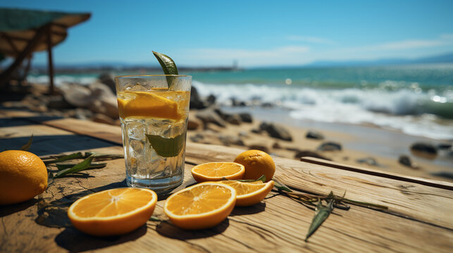 glass of orange juice on beach
