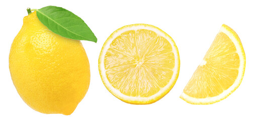 Fototapeta premium lemon fruit with leaves, slice and half isolated, Fresh and Juicy Lemon, transparent PNG, cut out, PNG format