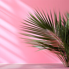 Blurred shadow from palm leaves on the pink wall. Minimal abstract background for product presentation. Spring and summer.