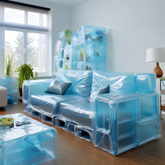 Modern furniture covered with plastic film and boxes at home.