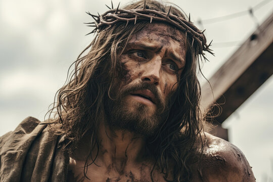 Jesus Christ wearing Crown of Thorns. Crucifixion of Christ the son of God. Generative Ai