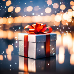 Large gift box with festive ribbon with decor and lighting