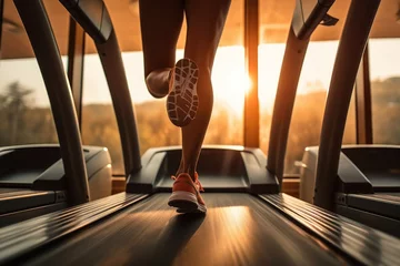 Papier Peint photo Lavable Fitness Close up of female athlete feet on treadmill in gym