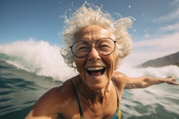 Portrait of a happy senior woman swimming in mountain lake - obrazy, fototapety, plakaty