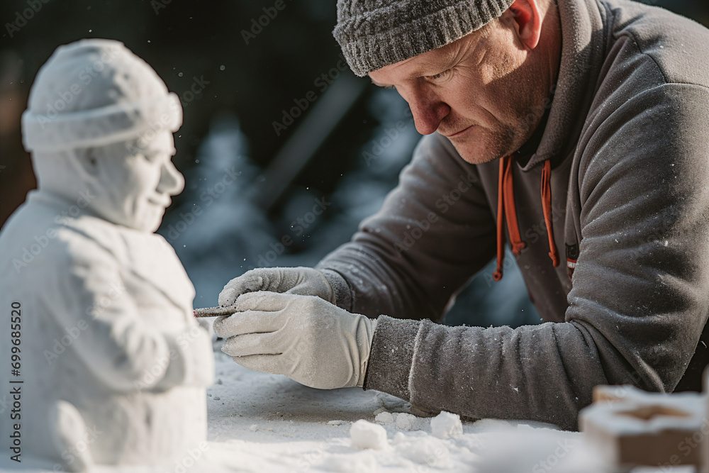 Wall mural New year Christmas leisure time people making funny snowman outdoors frosty day Generative AI