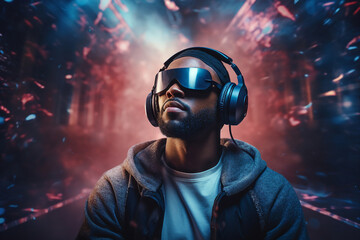 Generative AI photography image of man with headphones listening music fantasy energy vibe - obrazy, fototapety, plakaty