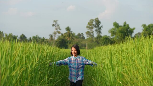 Young Girl in Rice Field: A young girl, lost in a vibrant rice field, explores the endless green landscape, representing the freedom of youth and the beauty of nature.