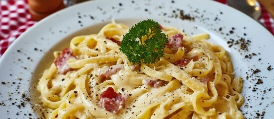 Description of tasty carbonara pasta seasoned with black pepper