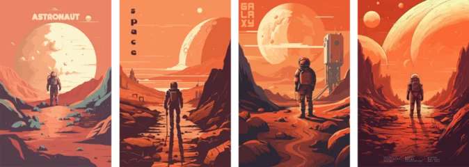 Poster Retro science fiction, a space exploration scene on Mars and astronaut illustration poster set. © Mustafa