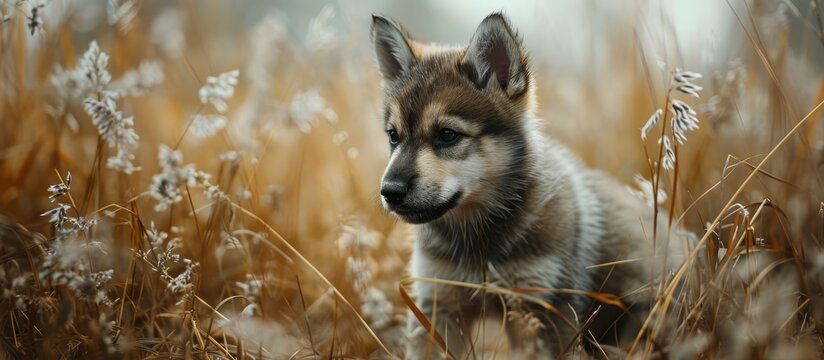 Tamaskan puppy in a Polish field.