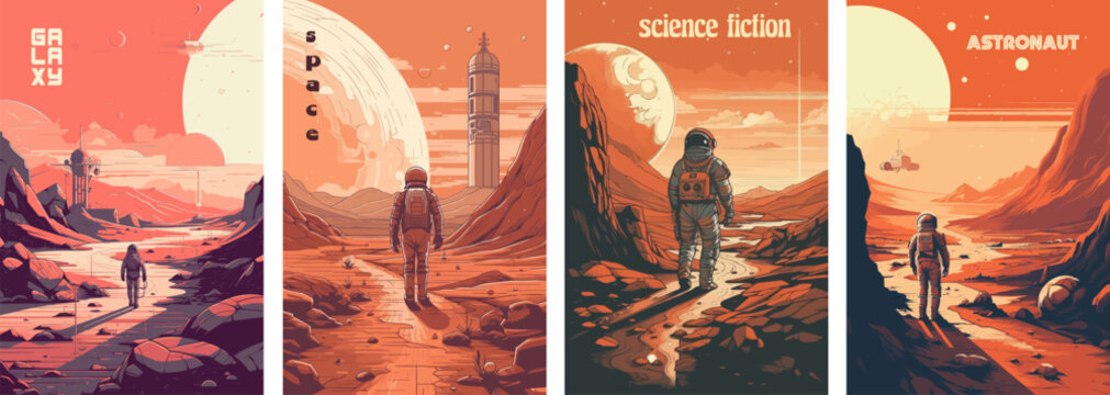 Retro Science Fiction, A Space Exploration Scene On Mars And Astronaut Illustration Poster Set.