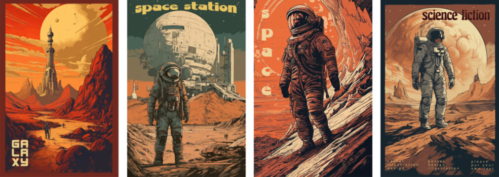 Retro science fiction, a space exploration scene on Mars and astronaut illustration poster set.