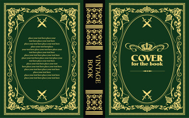 Ornate leather book cover and Old retro ornament frames. Royal Golden style design. Historical novel. Vintage Border to be printed on the covers of books. Colored Vector hand drawn illustration