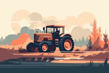 Wandcirkels aluminium Nature and farm landscape. village, sky, field, trees, tractor and grass for background, poster vector illustration © Mustafa