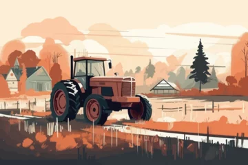 Fototapeten Nature and farm landscape. village, sky, field, trees, tractor and grass for background, poster vector illustration © Mustafa