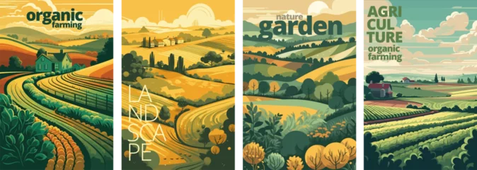 Gartenposter Nature and farm landscape. village, sky, field, trees, house and lawn for background, poster vector illustration set © Mustafa