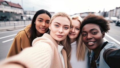 Multiracial best friends taking selfie on city street , Different young people having fun hanging outside on a sunny day , Happy students laughing together in college campus