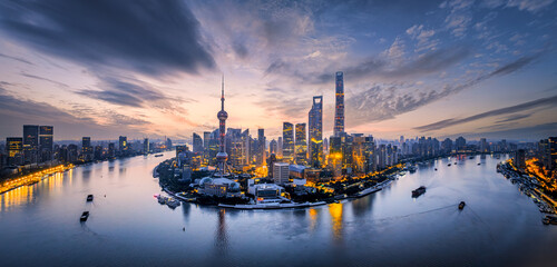 Aerial photography of Shanghai city skyline and natural scenery